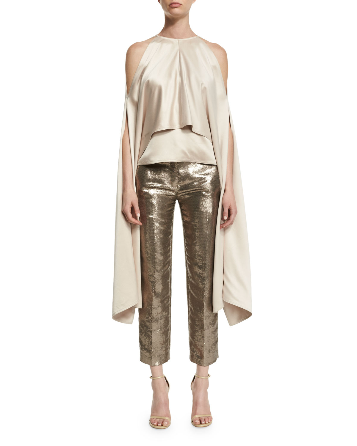 Sequined Flat-Front Cropped Trousers, Rye