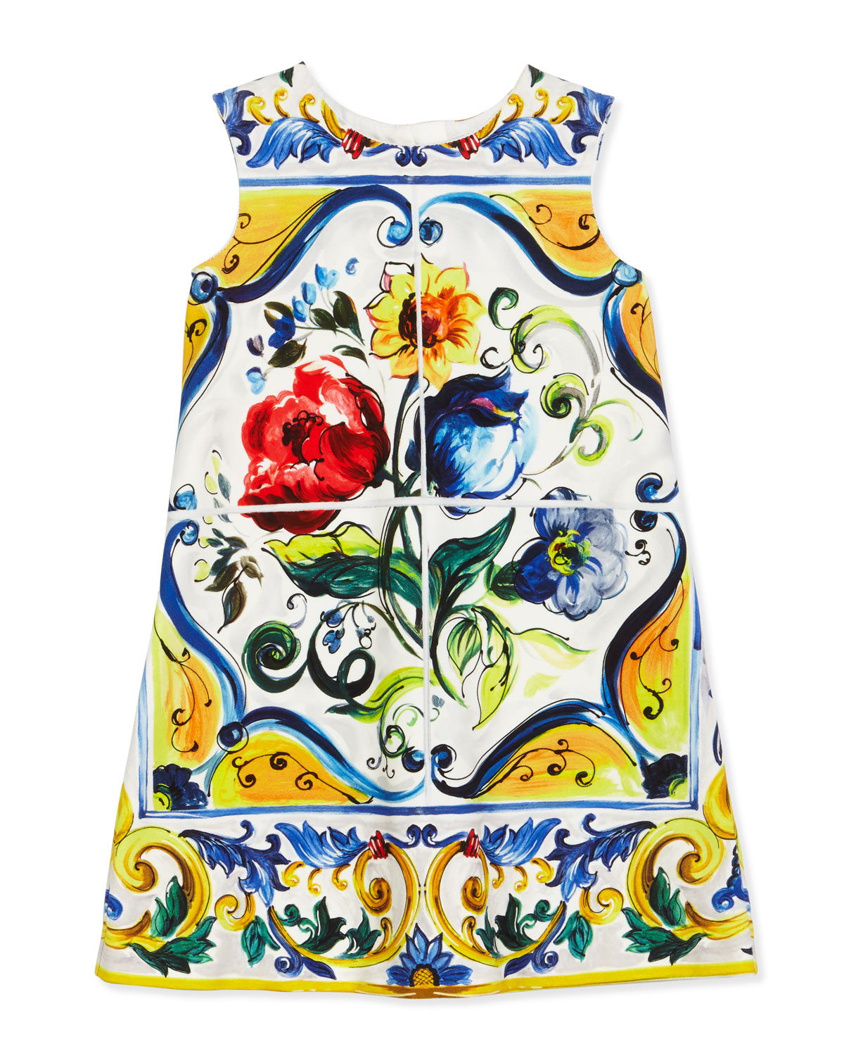 Sleeveless Floral Majolica Shift Dress, White, Size 2-6