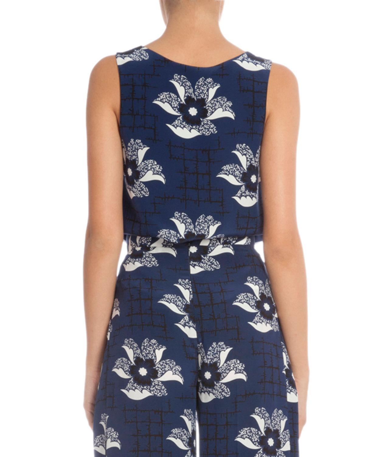 Sleeveless Floral-Print Tunic, Navy