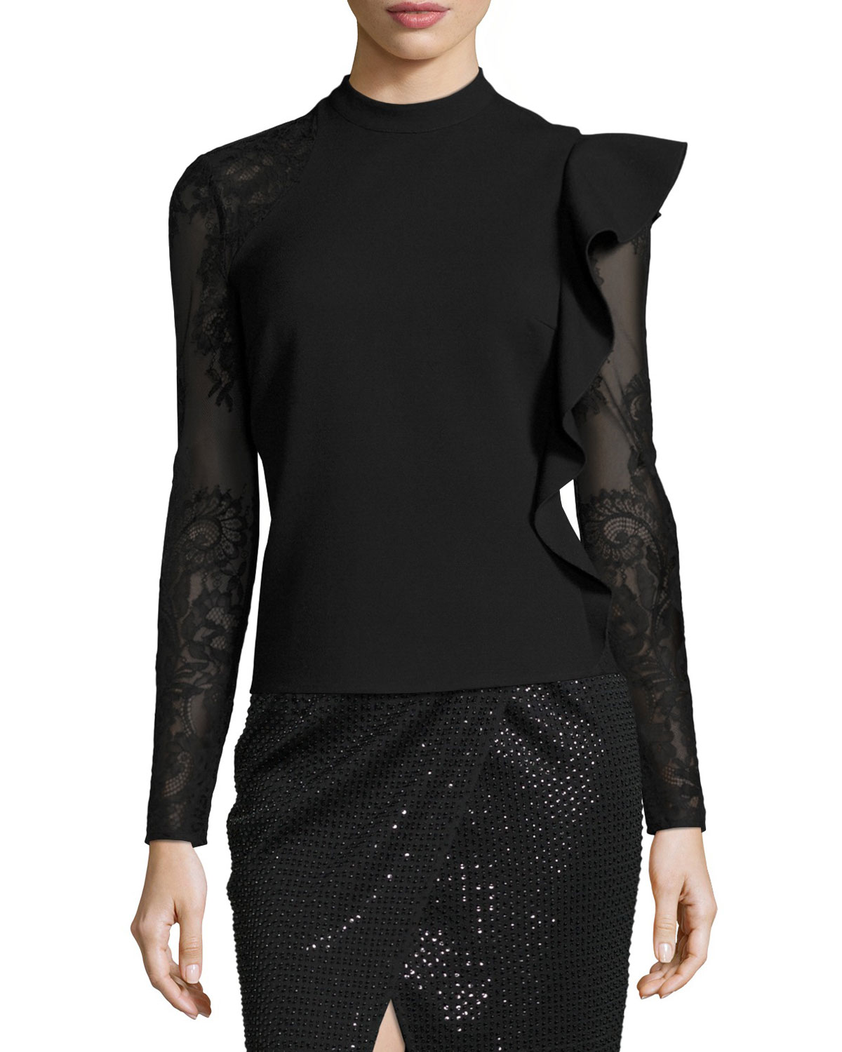 Ophelia Lace-Sleeve Ruffle Top