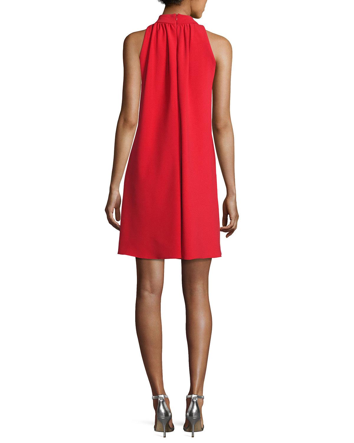 Sleeveless Mock-Neck Crepe Swing Dress, Red