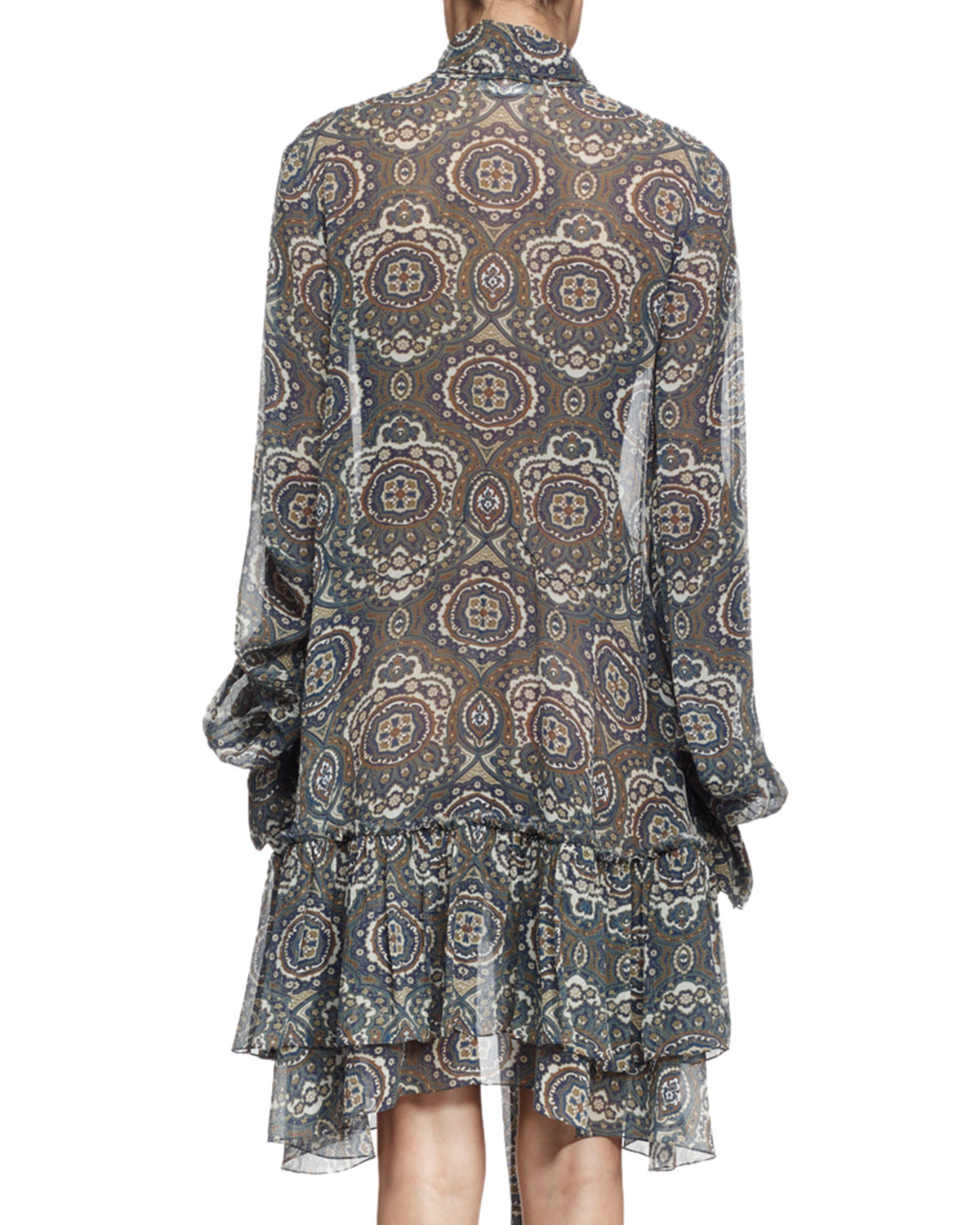 Long-Sleeve Tile-Print Tiered Dress, Khaki