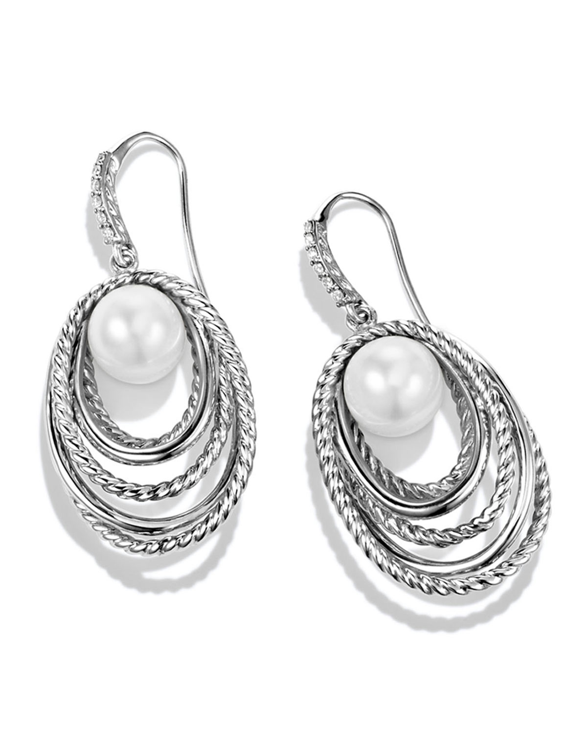 Pearl Crossover Drop Earrings with Diamonds