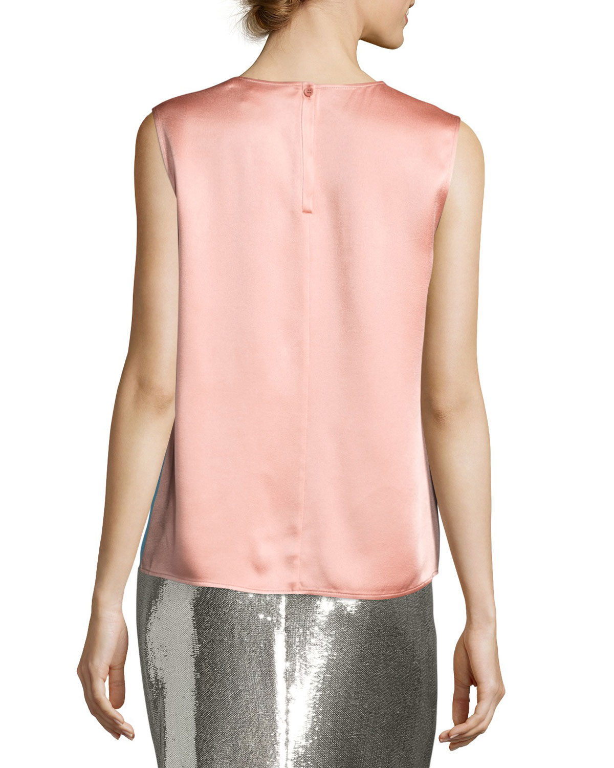 Two-Tone Satin-Back Shell Top, Blue/Salmon