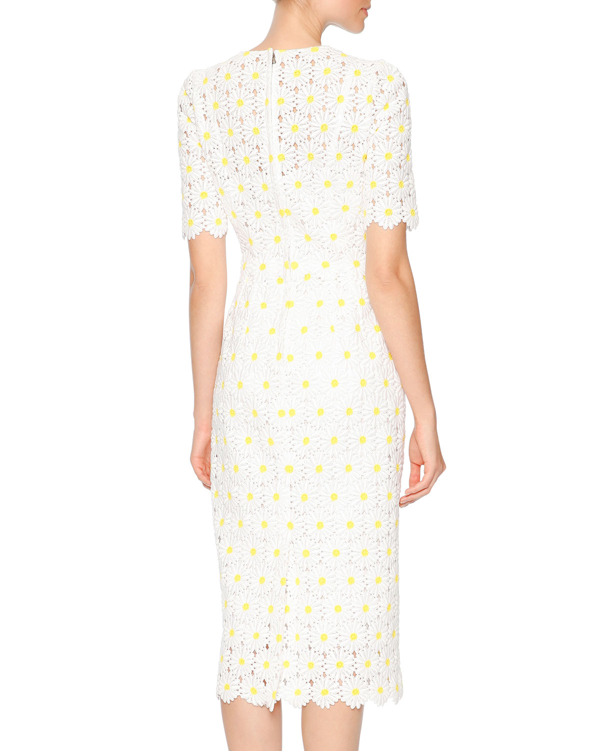 Macrame Embroidered-Daisy Sheath Dress, White/Yellow