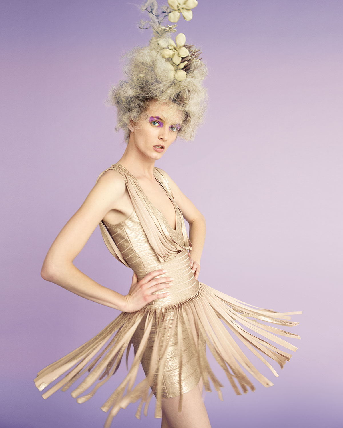 Sleeveless Metallic Fringe Gown, Gold Champagne