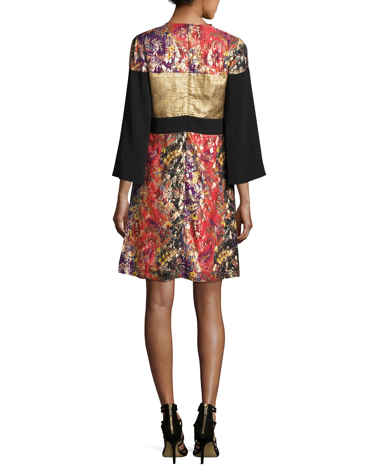 Printed 3/4-Sleeve Split-Neck Kimono Dress, Black/Pink