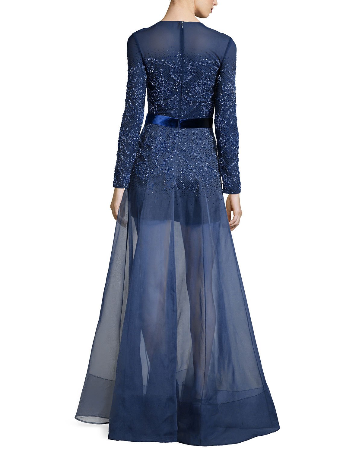 Long-Sleeve Embellished Gown w/Organza Overlay Skirt, Nightfall