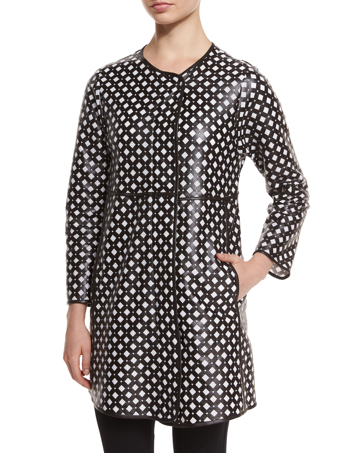 Perforated Leather Coat, Black/White