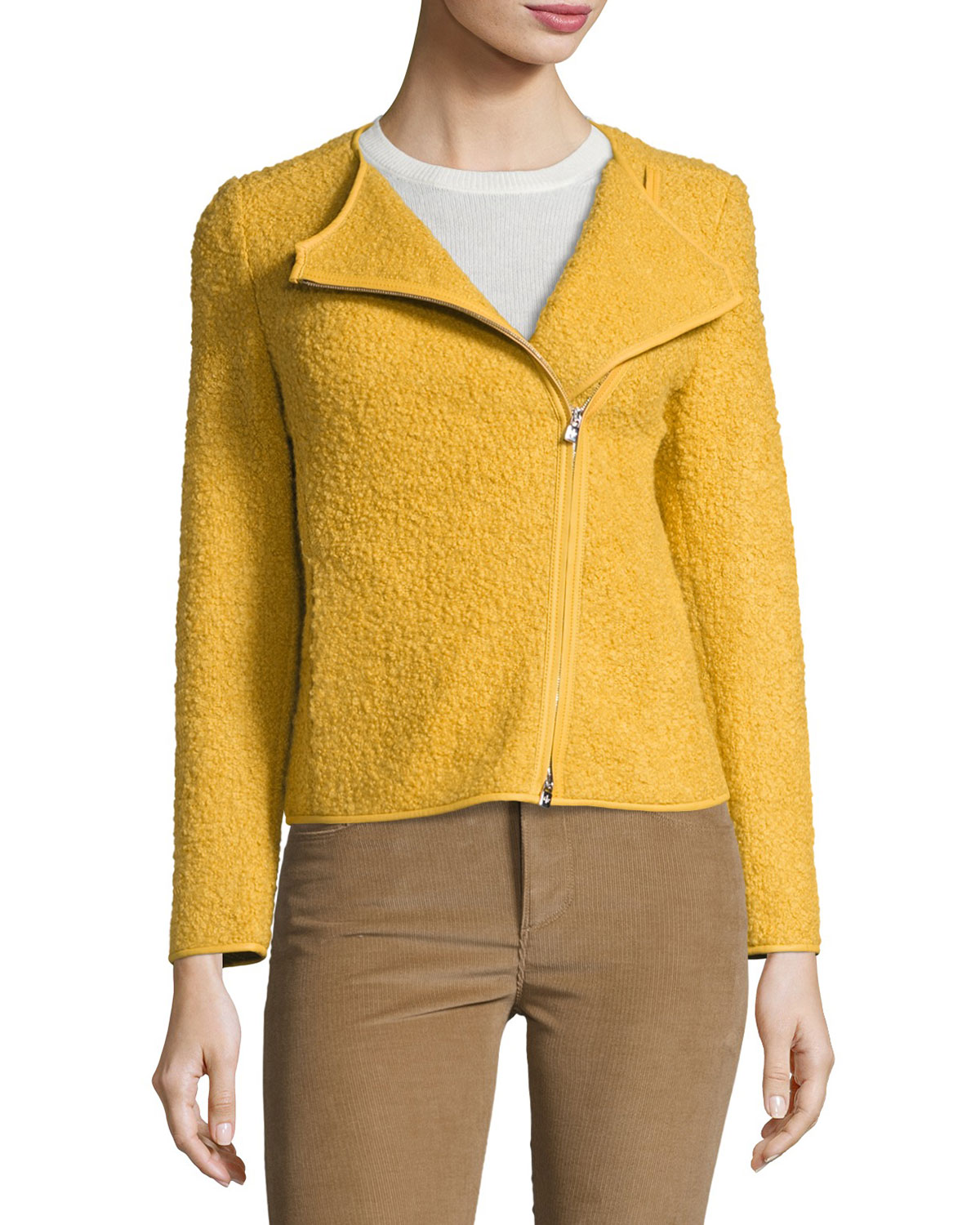 Liam Zip-Front Boucle Jacket, Lemon Creme