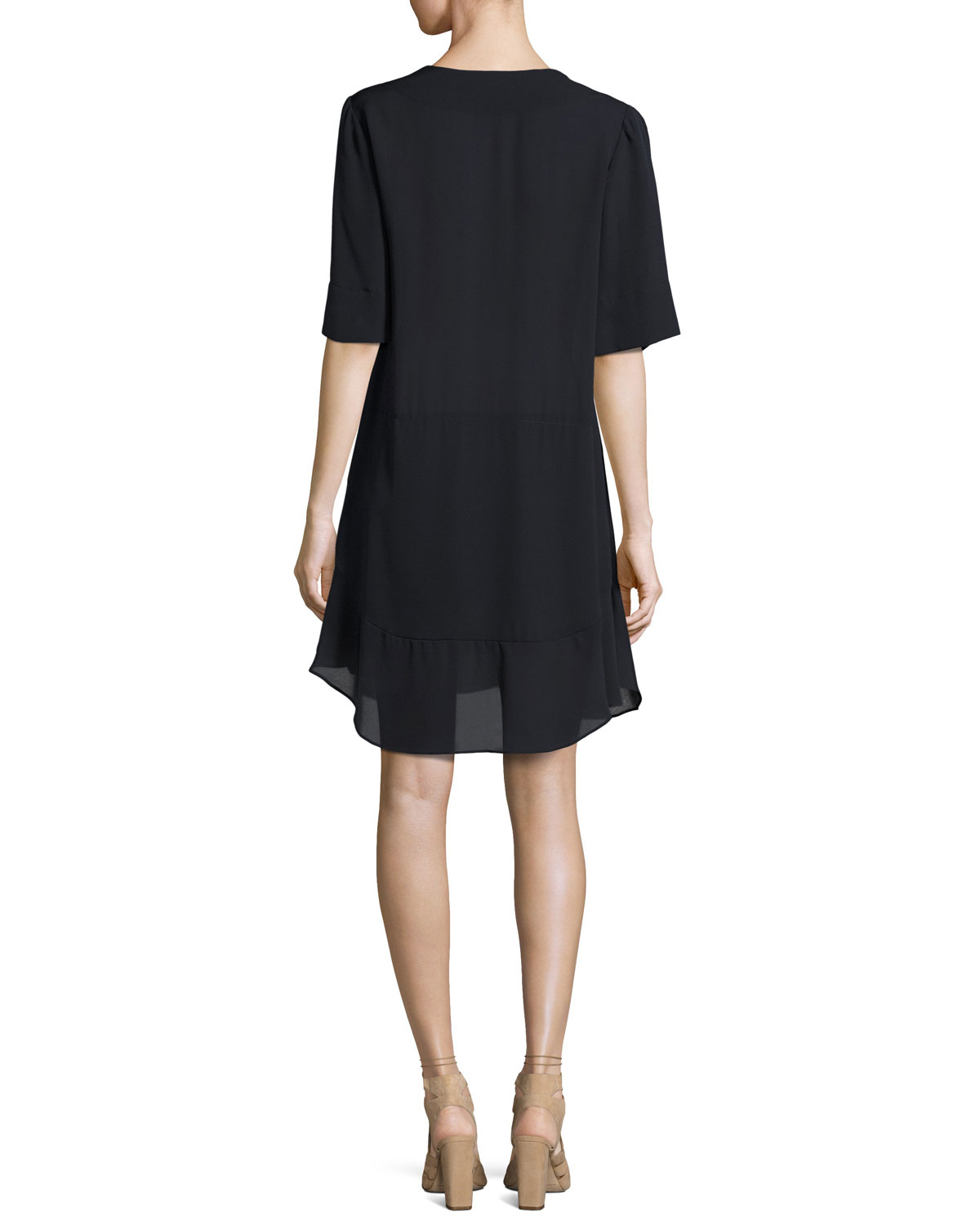 Delaney Short-Sleeve Silk Shift Dress, Navy