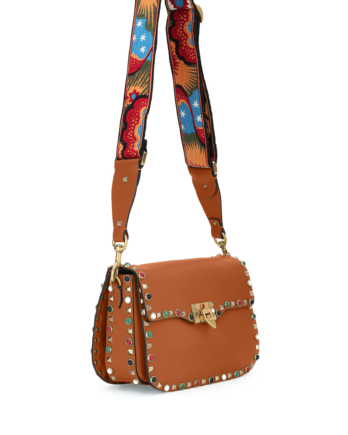 Rockstud Rolling Medium Enchanted Guitar-Strap Shoulder Bag, Tan