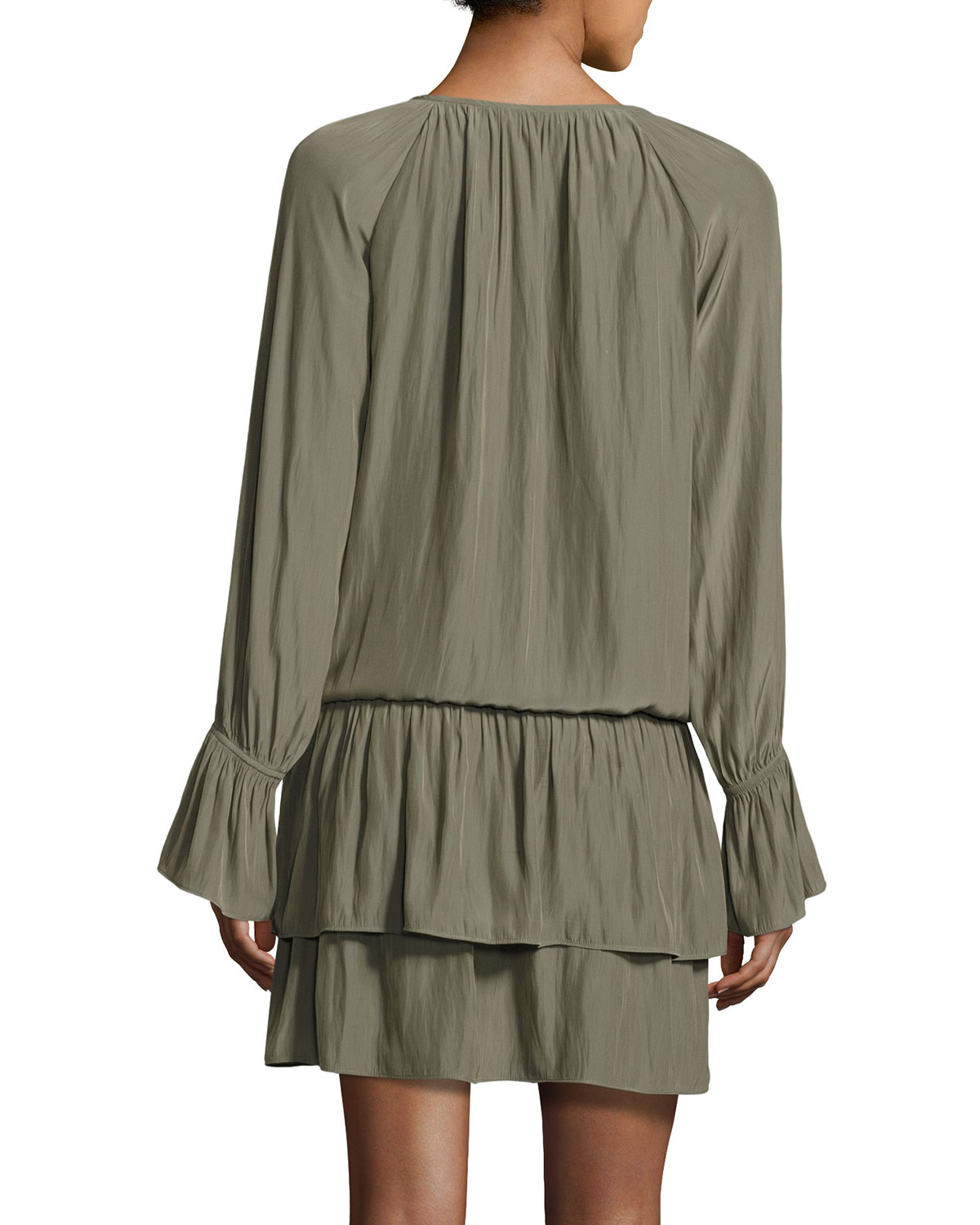 Olivia Bell-Sleeve Blouson Mini Dress, Sage