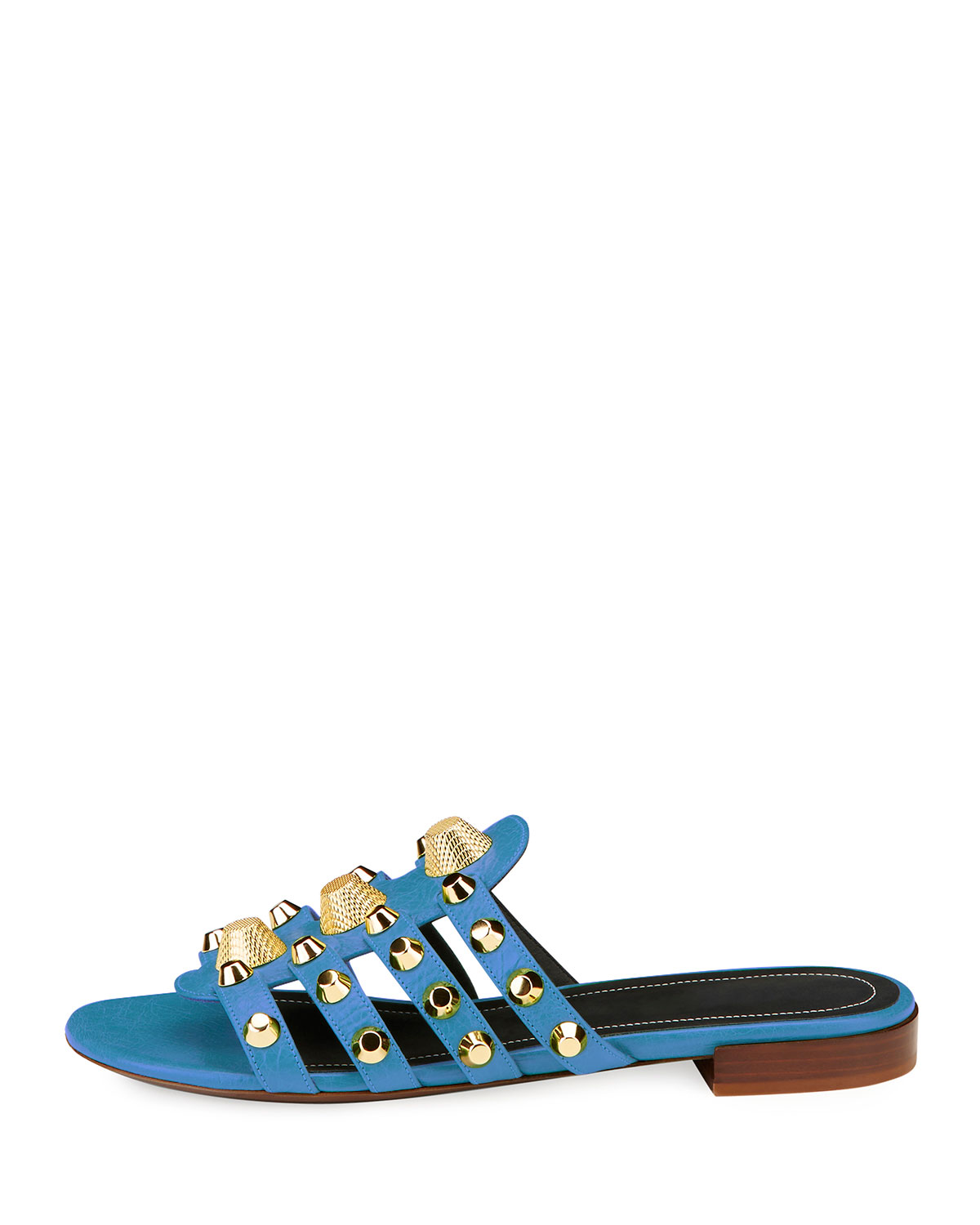 Studded Caged Flat Slide Sandal, Bleu Profound