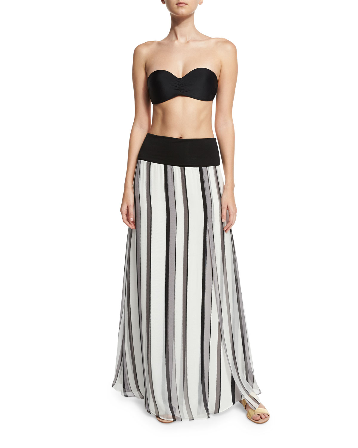 Striped Chiffon Palazzo Coverup Skirt, Silver