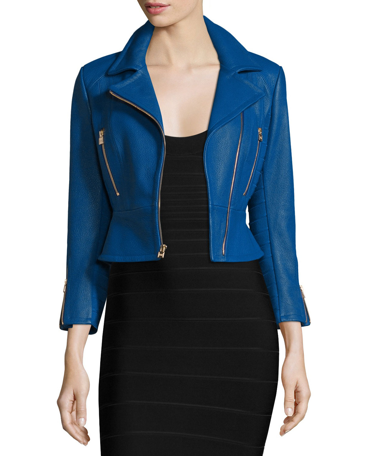 Zip-Front Leather Biker Jacket, Blue Sapphire