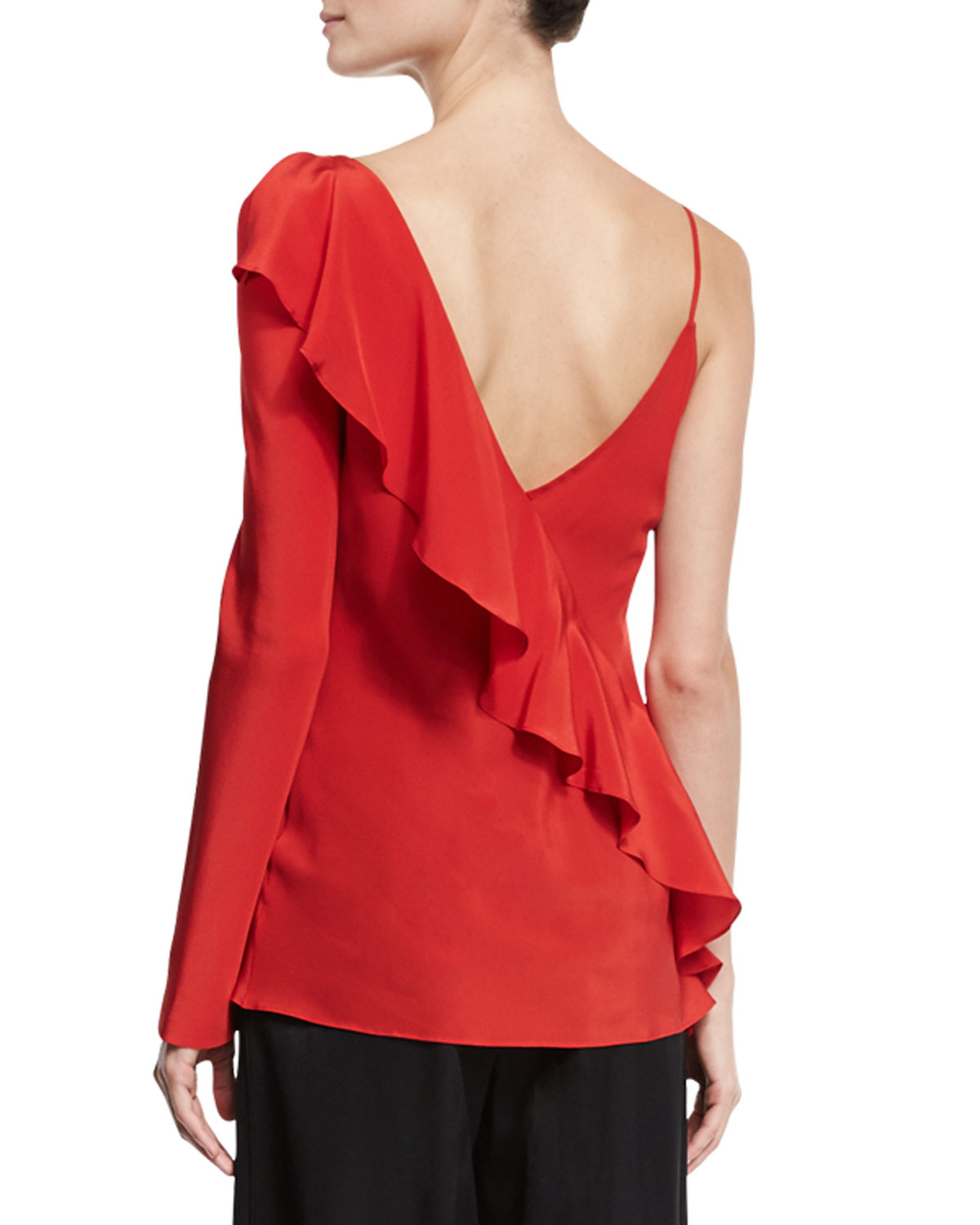 Silk Asymmetric Ruffle Blouse, Red