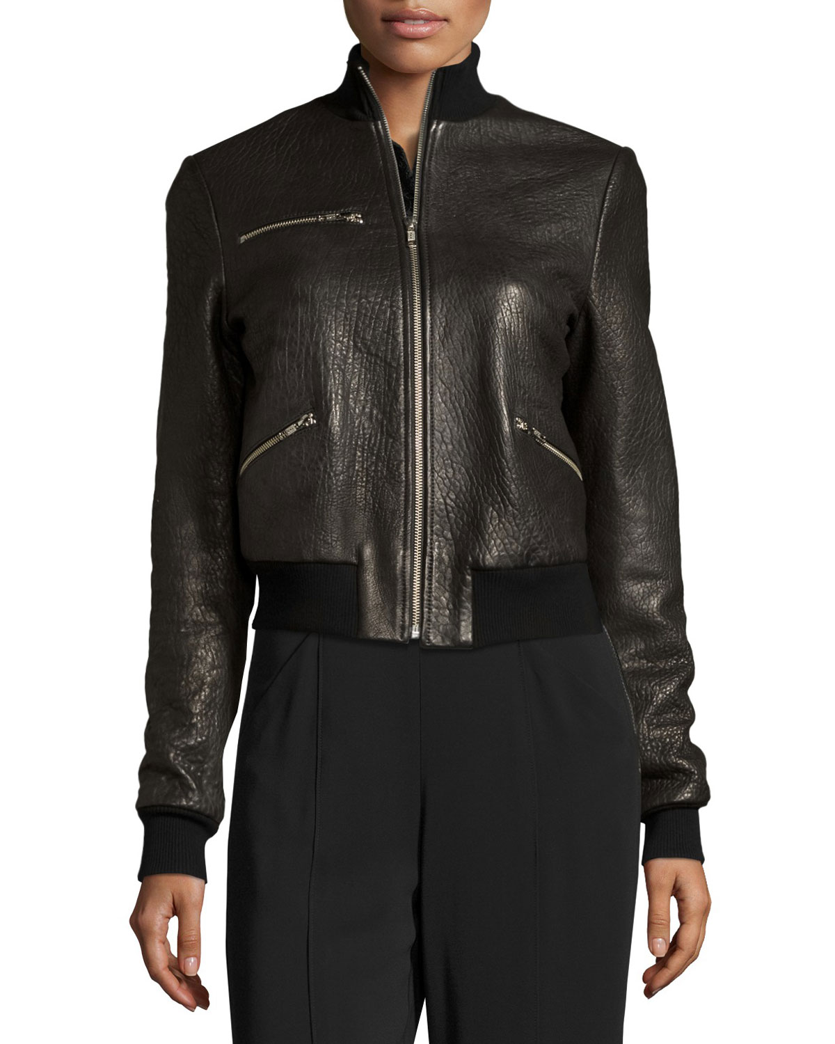 Jordyn Pebbled Leather Zip-Front Jacket, Black