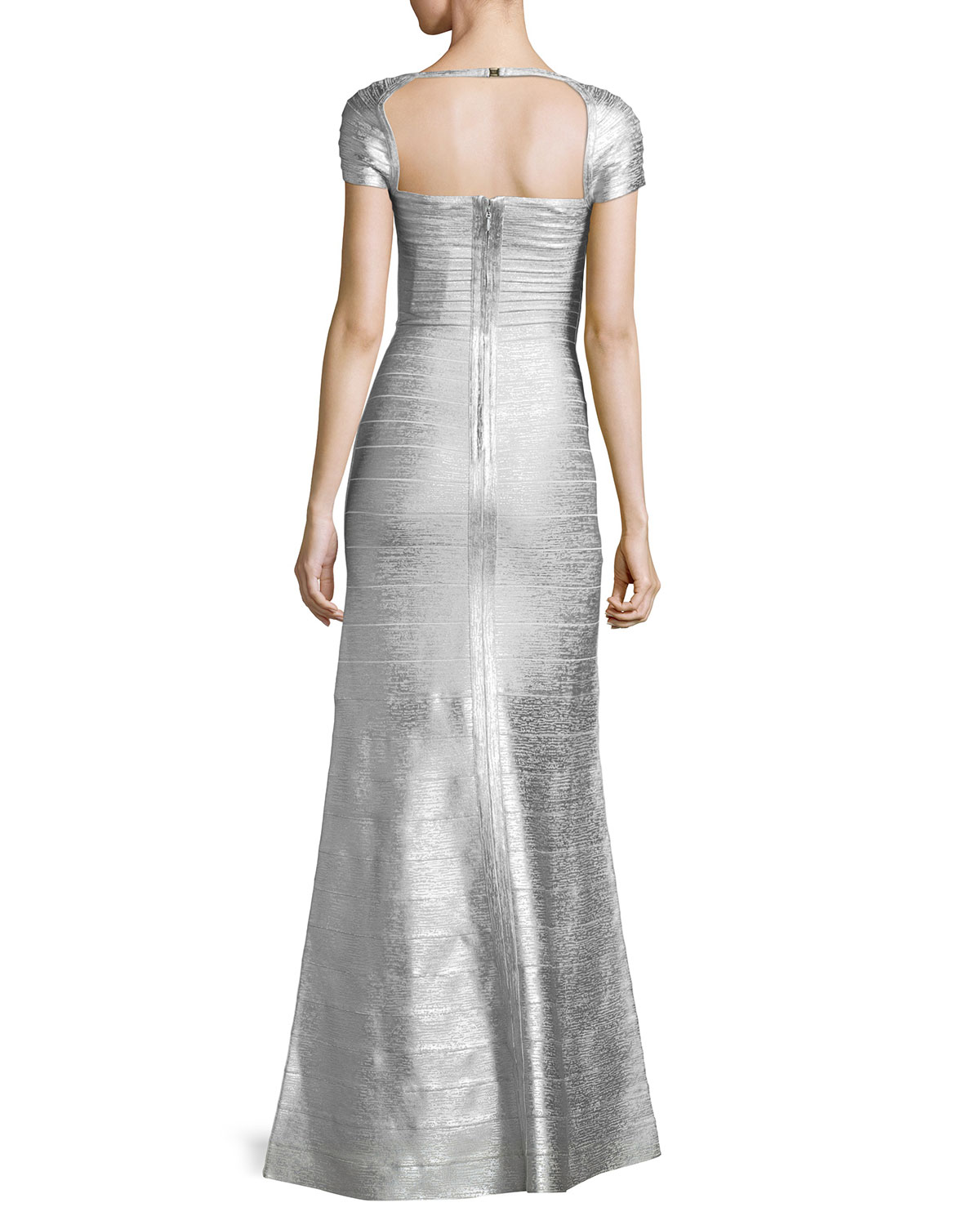 Square-Neck Cap-Sleeve Bandage Gown, Silver Combo