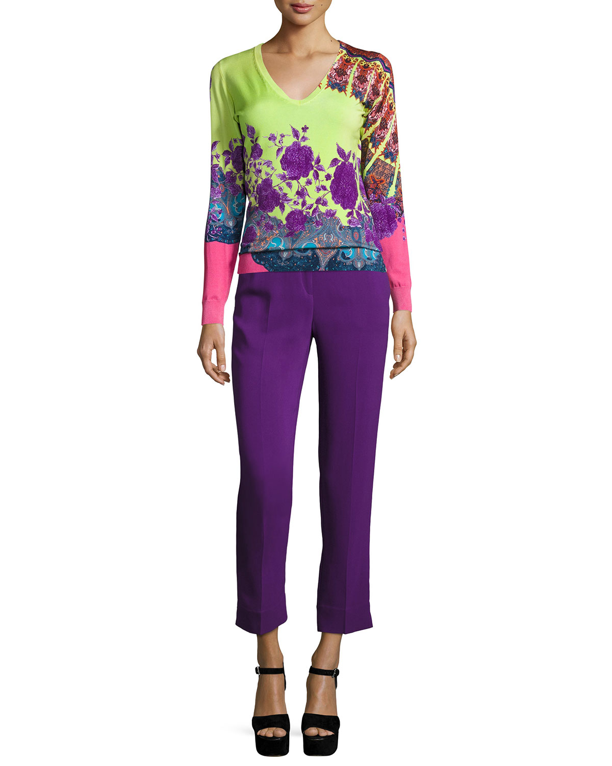 Stampa Paisley V-Neck Sweater, Lime/Purple