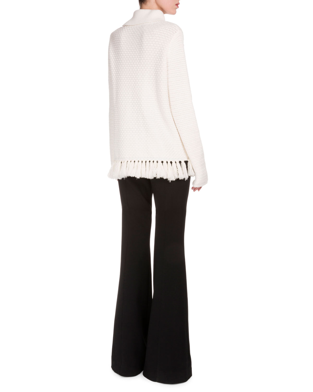 Front-Slit Fringe-Hem Sweater, Off White