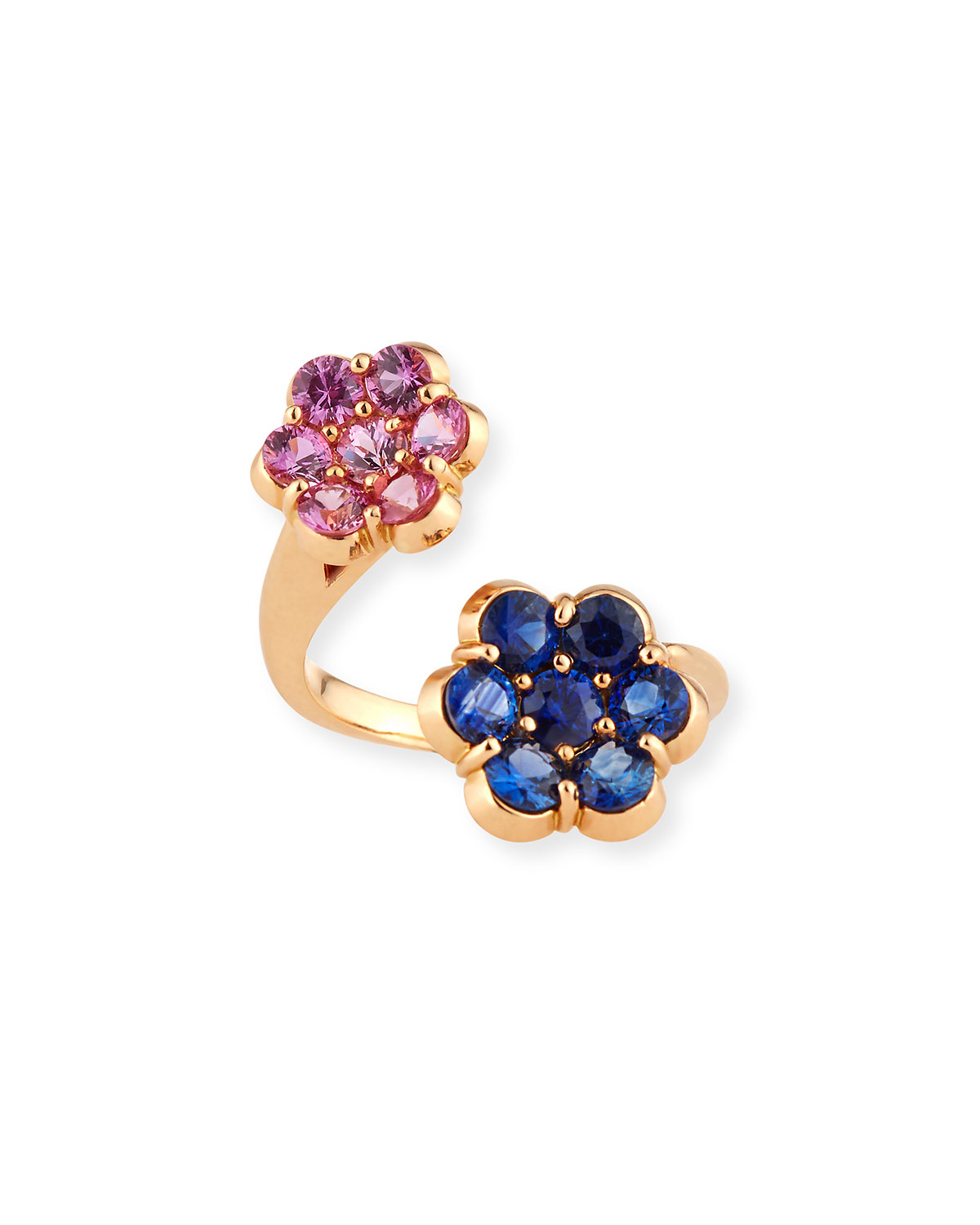 18K Rose Gold Flower Bypass Ring with Pink & Blue Sapphires