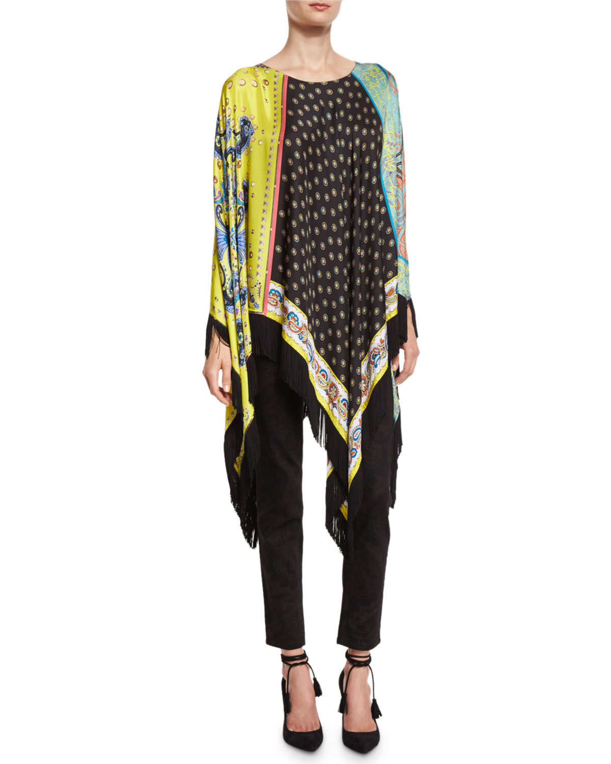 Printed Fringe-Trim Long Poncho, Citron