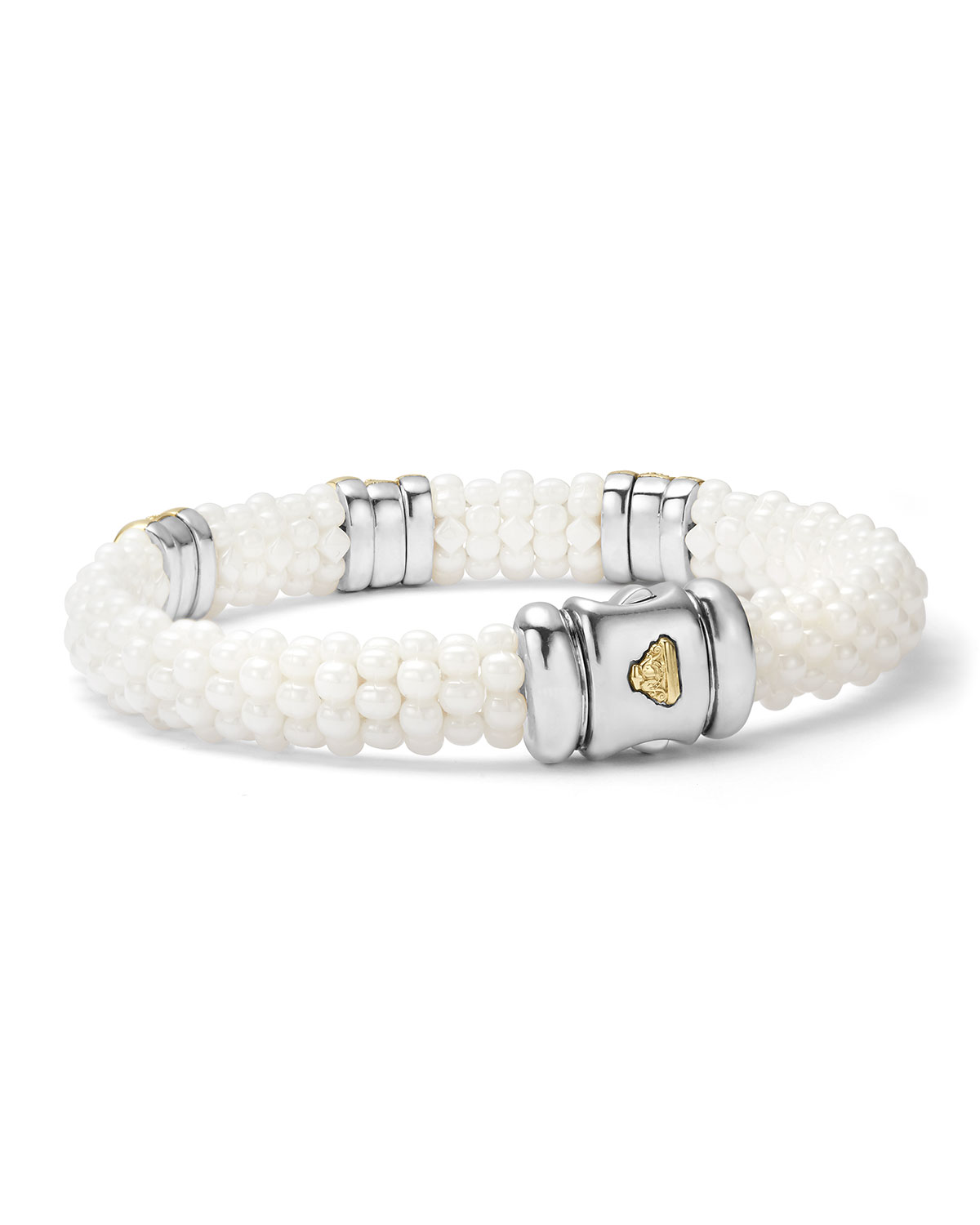 Caviar Ceramic Pearl & Diamond Three-Station Bracelet, Size Medium