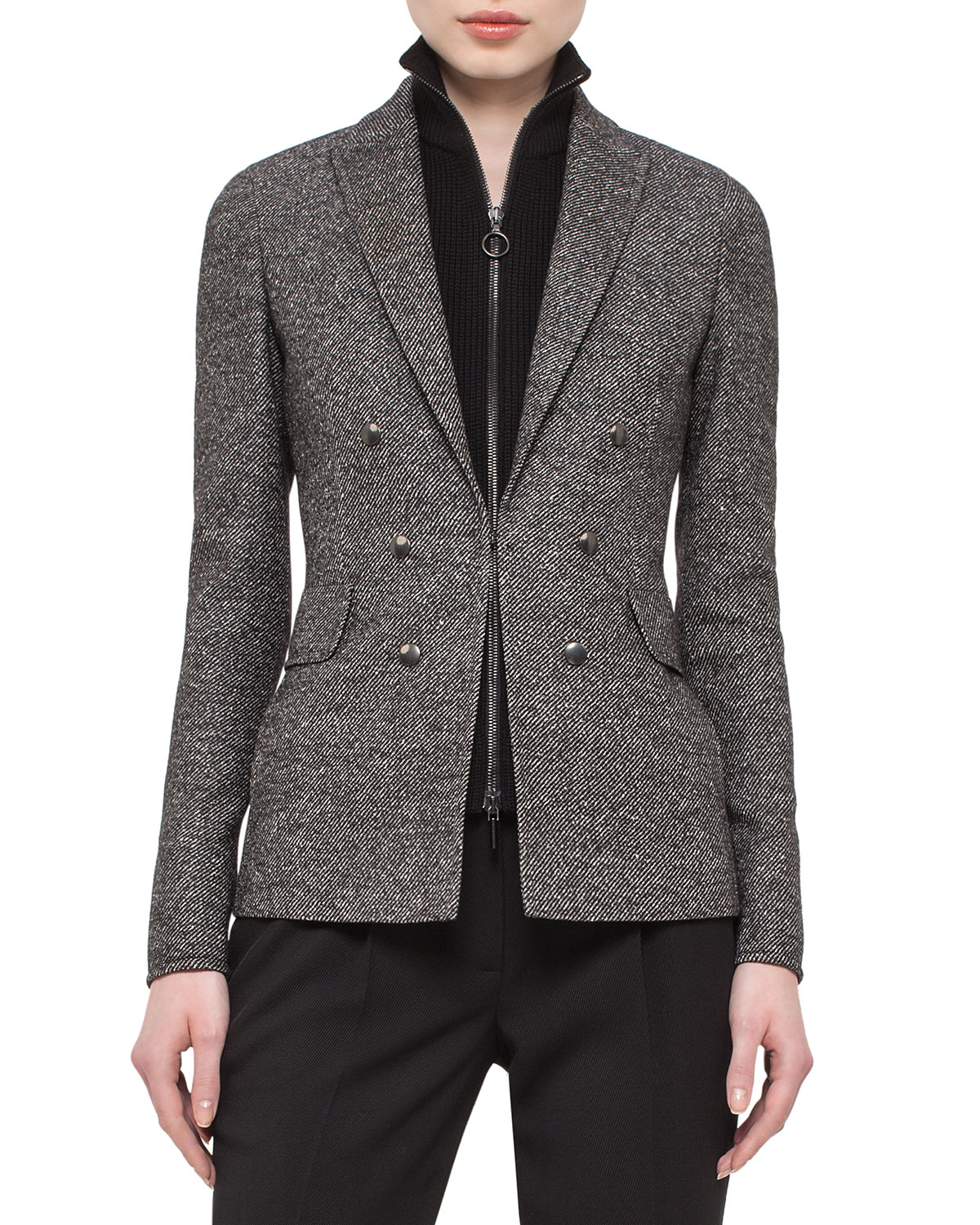Tweed Hook-Front Jacket, Black/Cream