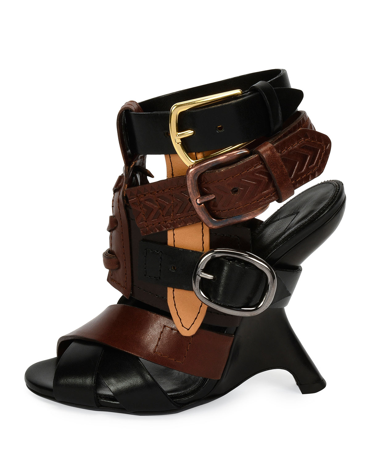 Multi-Strap 110mm Wedge Sandal, Black/Brown