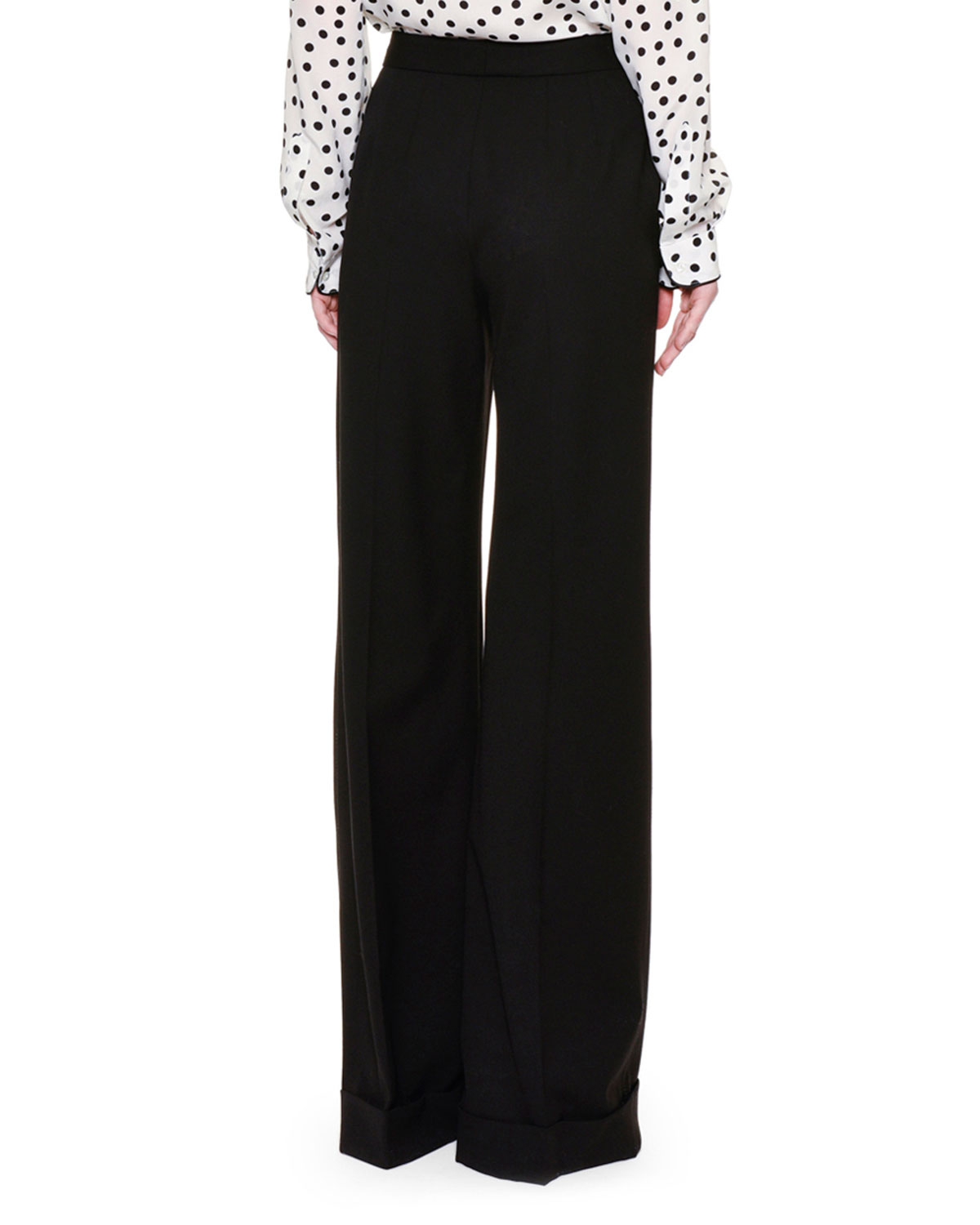 Wide-Leg Folded-Cuff Pants, Black