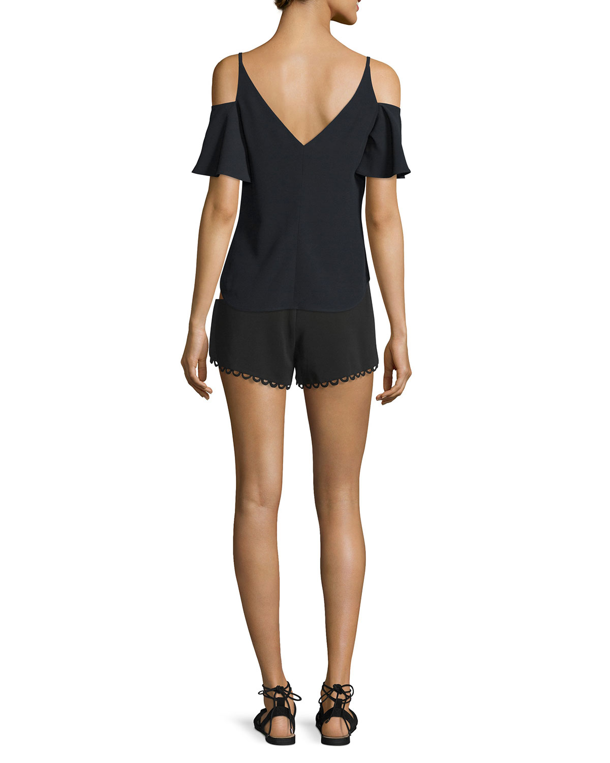 Lucas Scalloped Crepe Shorts, Black