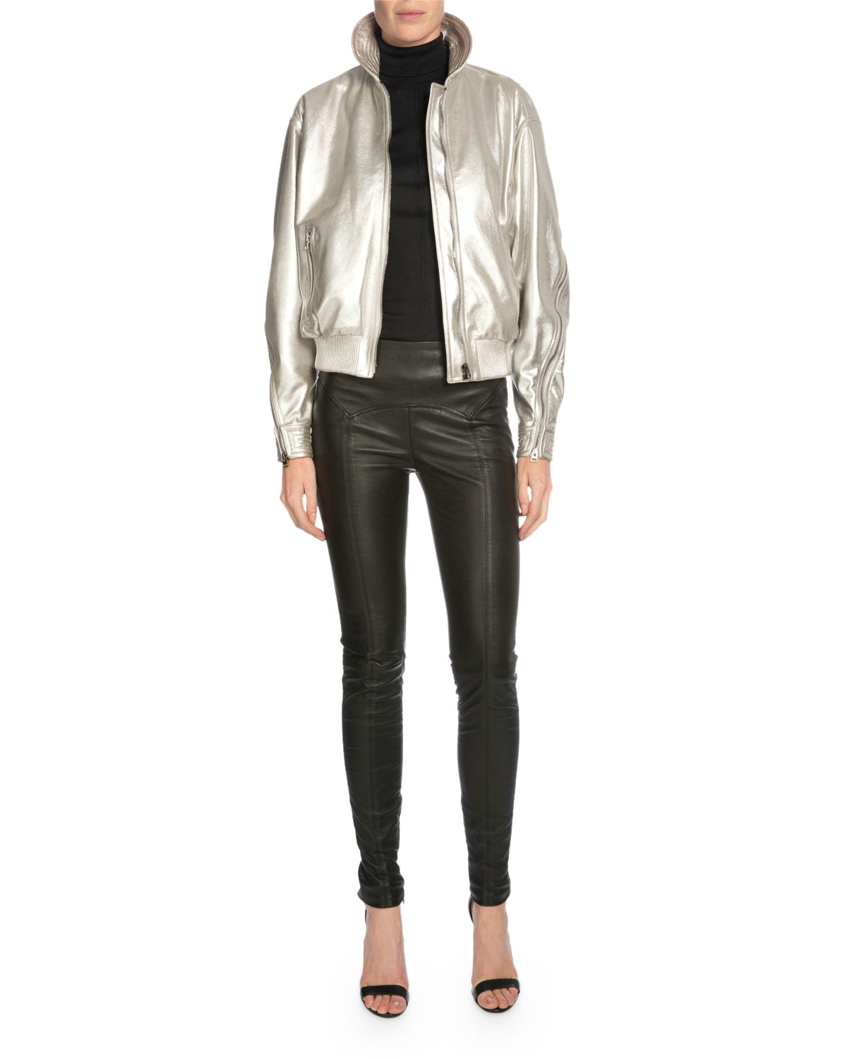 Zip-Front Metallic Jacket, Light Gray