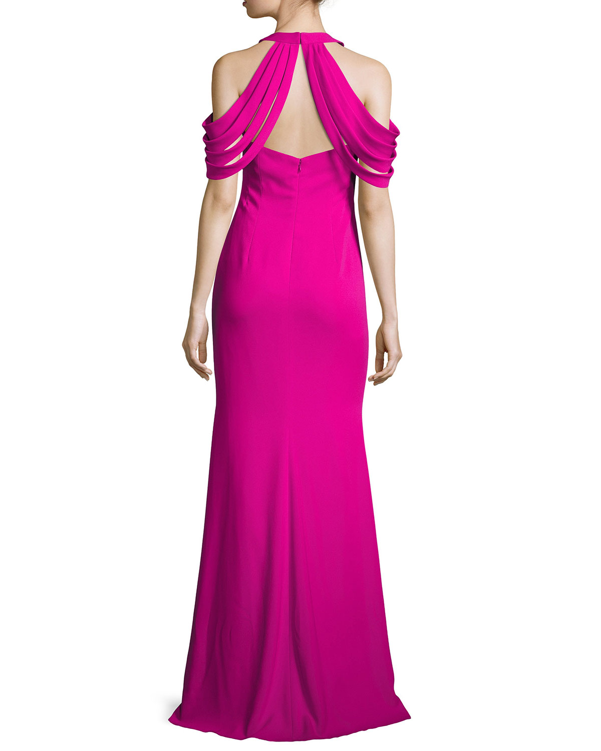 Draped-Shoulder Stretch Crepe Gown, Magenta