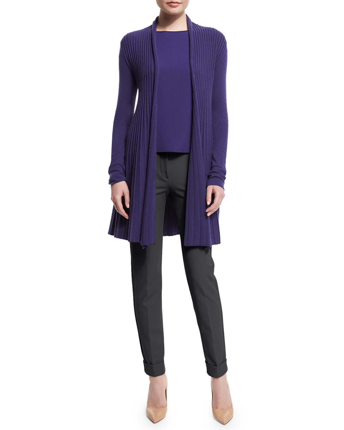 Cap-Sleeve Round-Neck Silk Blouse, Imperial Purple