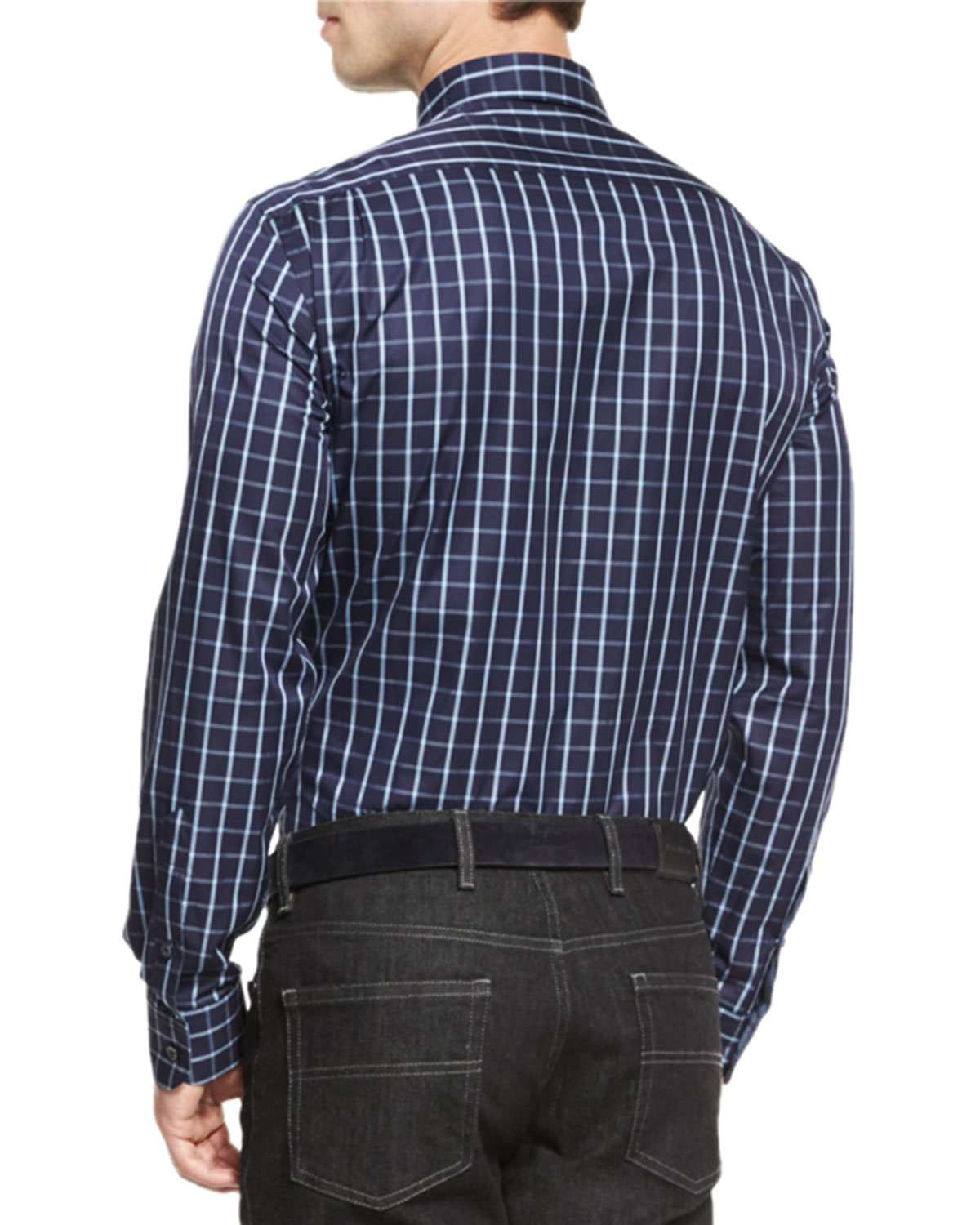 Windowpane Long-Sleeve Sport Shirt, Navy