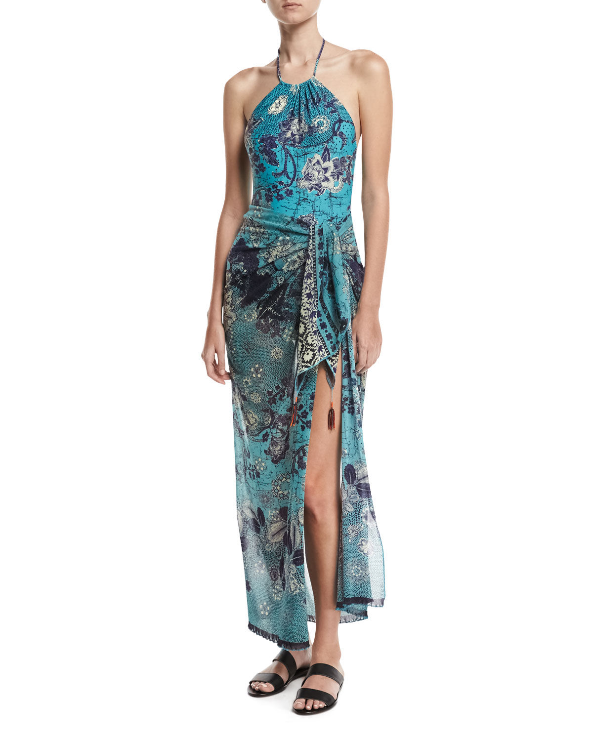 floral-print pareo w/ tassel beads