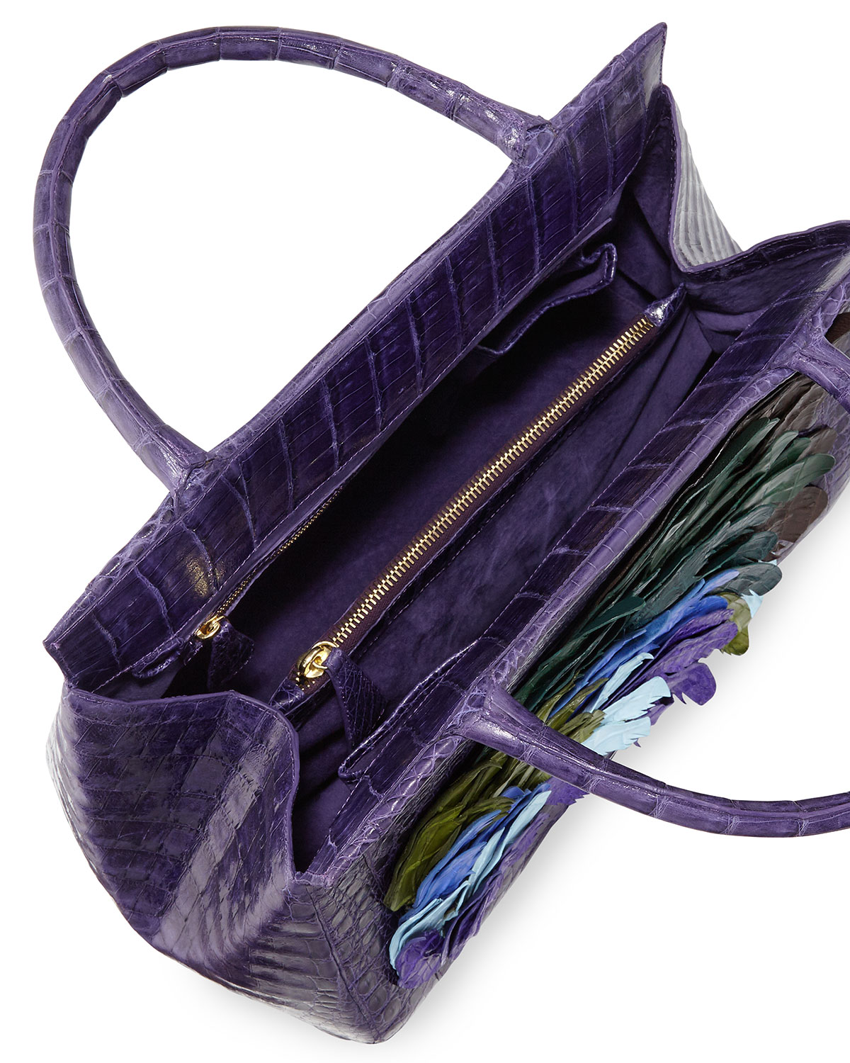 Daisy Medium Feather Crocodile Satchel Bag, Purple/Multi