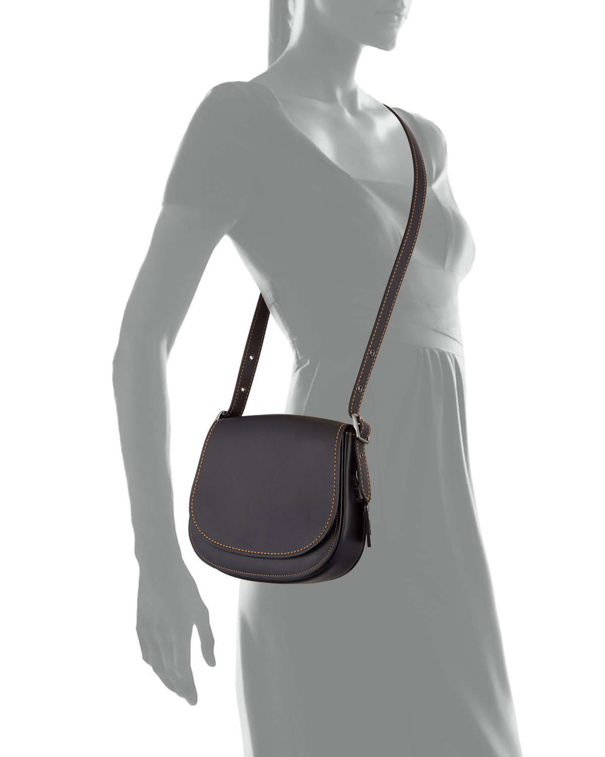 Contrast-Edge Leather Saddle Bag, Black