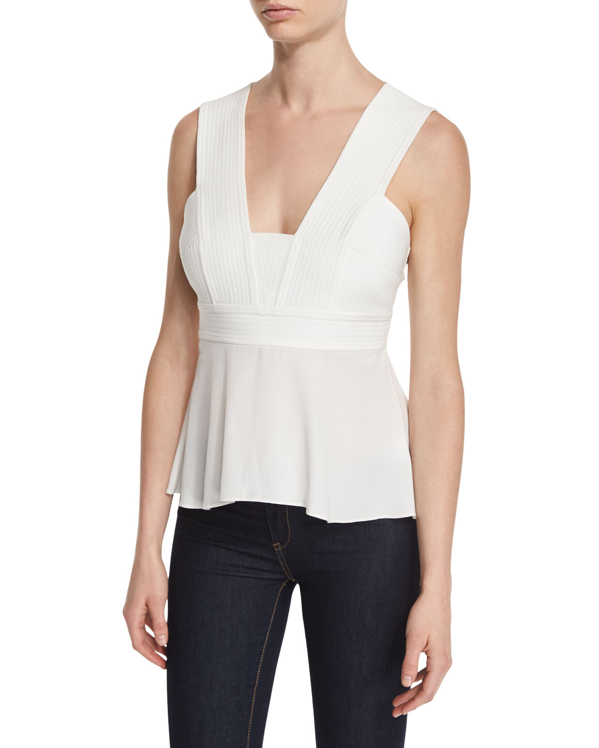 Leigh Sleeveless Pintucked Peplum Top, White