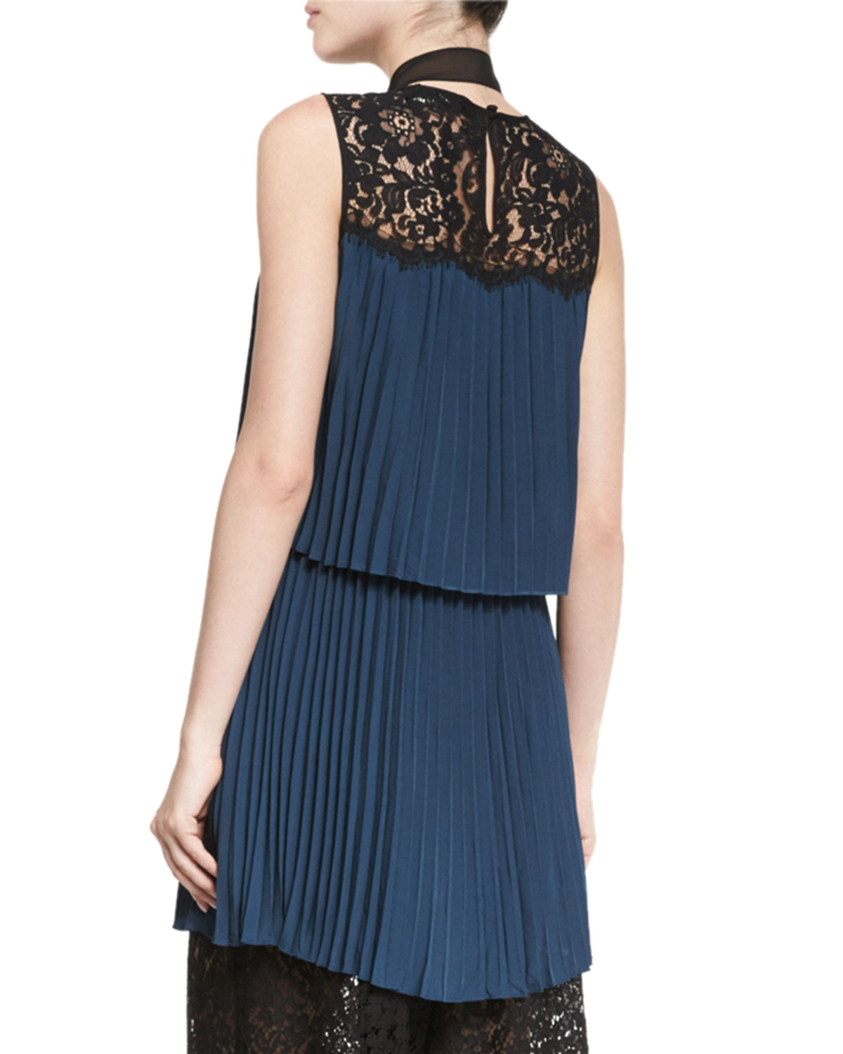 Berenice Lace-Yoke Plissé Tunic Dress