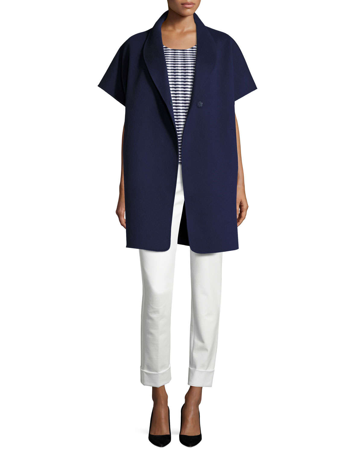 Double-Faced Short-Sleeve Coat, Marino Blue