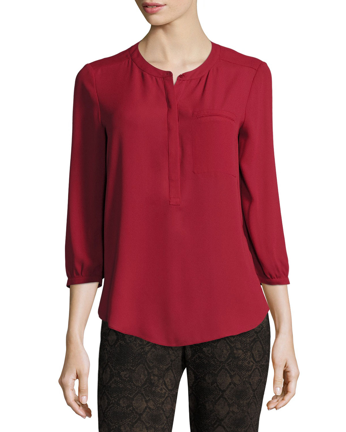 3/4-Sleeve Pleated-Back Blouse, Crimson Red