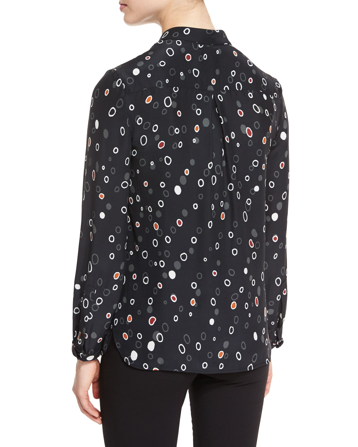 Long-Sleeve Pebble-Print Blouse, Black