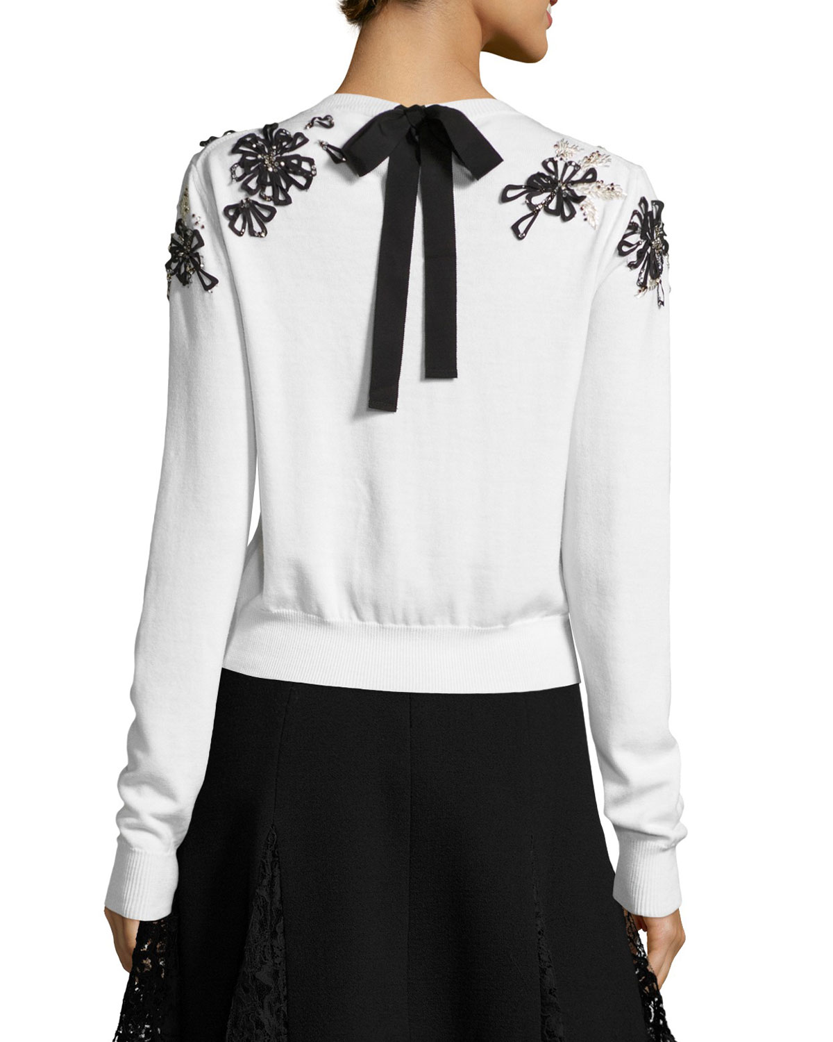 Beaded Floral-Embellished Sweater, White/Black