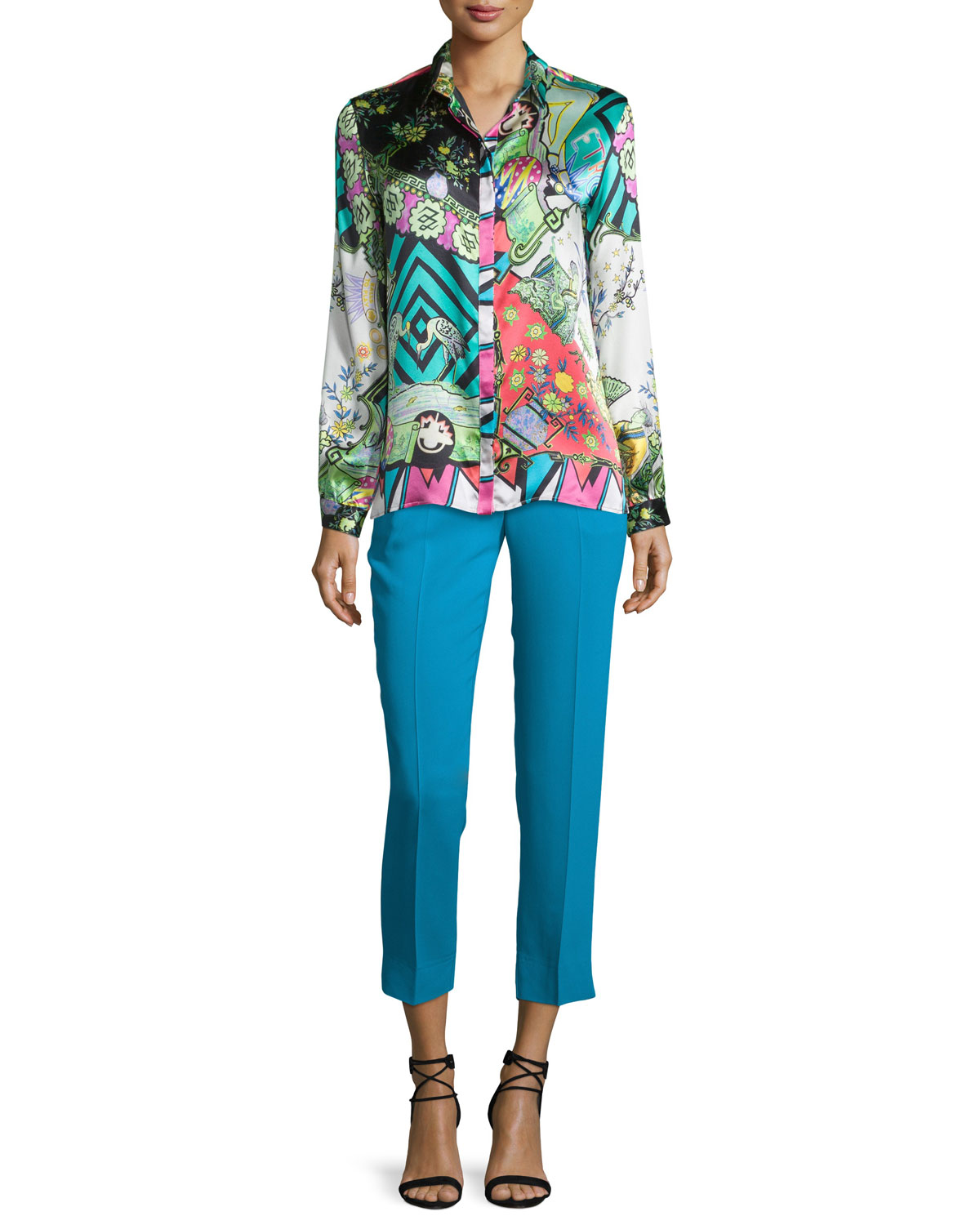 Arcade-Print Charmeuse Boxy Shirt, Green