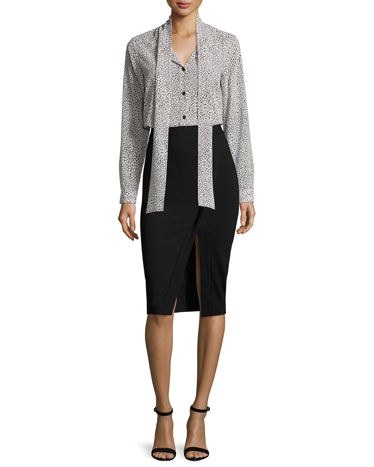 Tie-Neck Graphic Scale-Print Silk Blouse, Cream