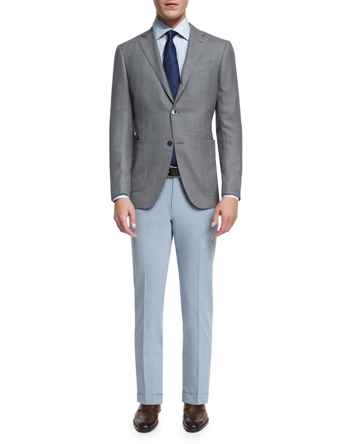 Cotton-Twill Flat-Front Trousers, Light Blue