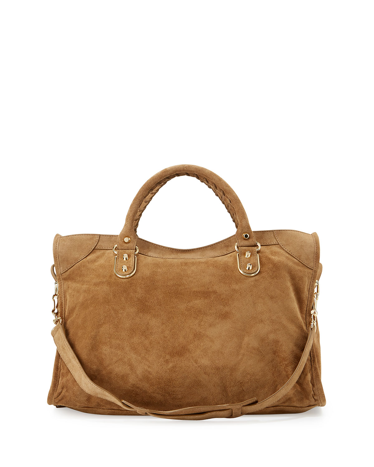 Metallic Edge Suede City Bag, Tan