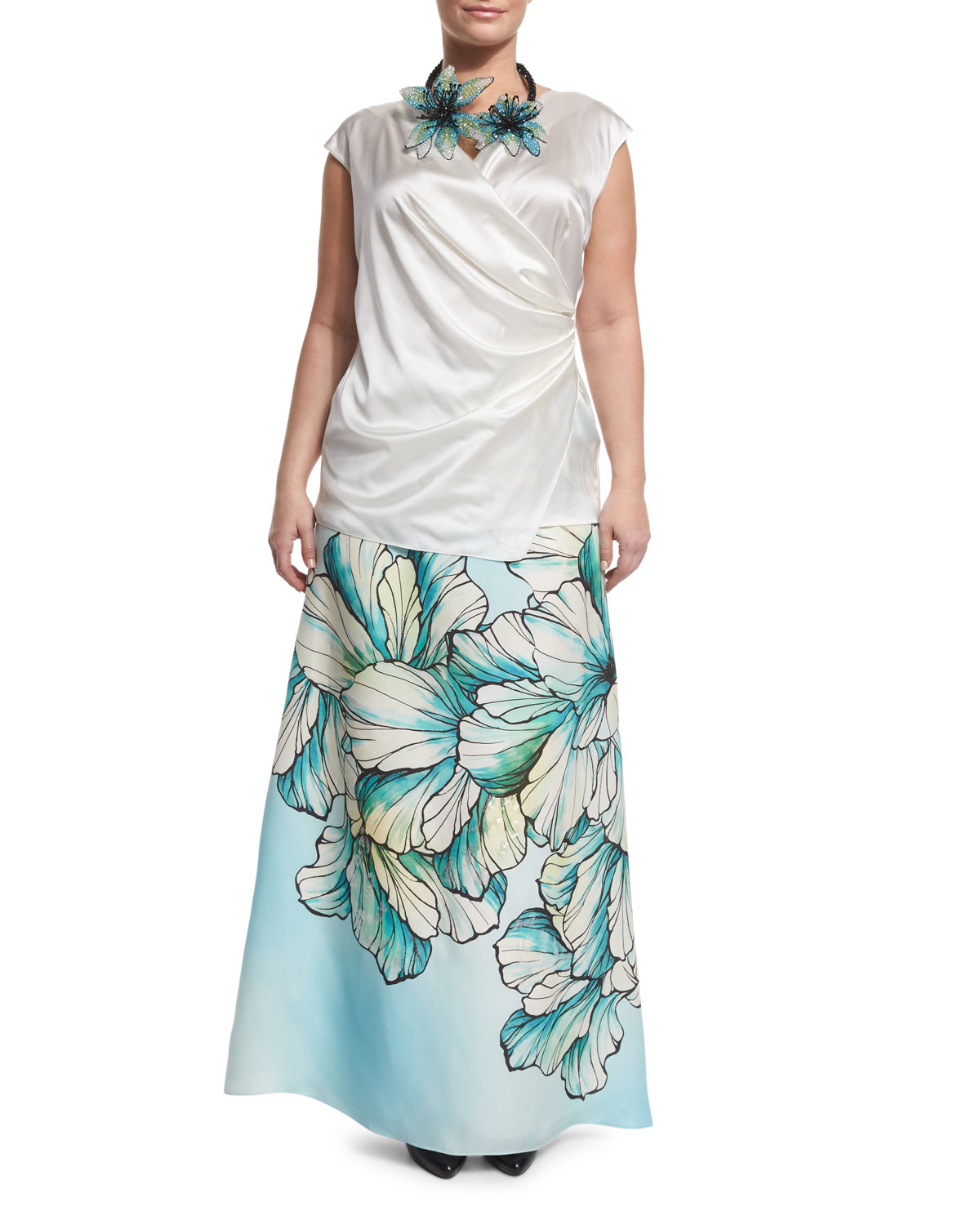 Clacson Long Flower-Print A-line Skirt, Plus Size